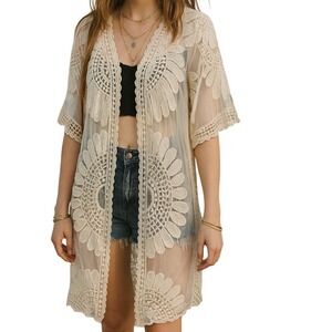Rebellion Again Women's Open Front Crochet Lace Boho Fairy Duster Kimono Size L